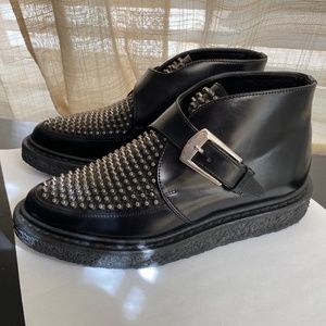 Saint Laurent Paris black leather metal silver spikes shoes buckle ankle boots